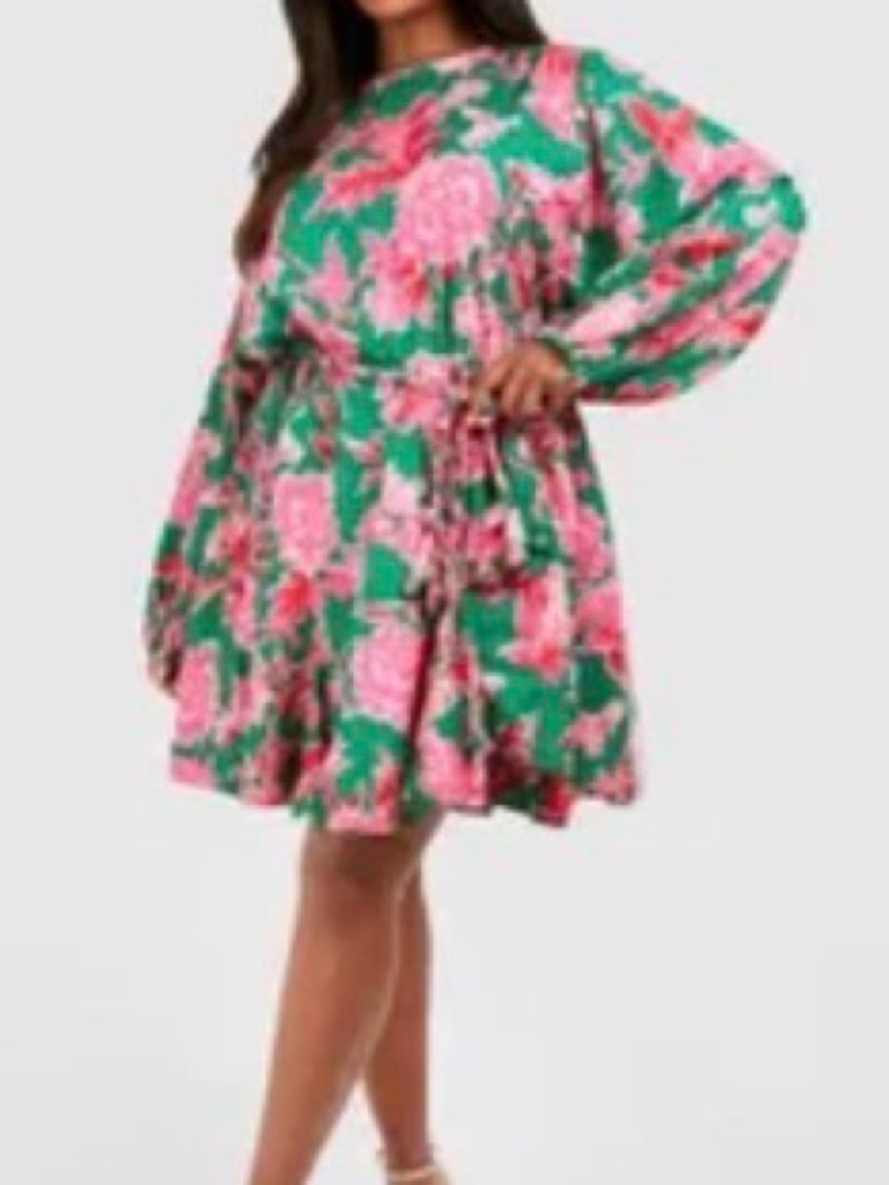 Boohoo Pink & Green Floral Tiered Long Sleeve Dress